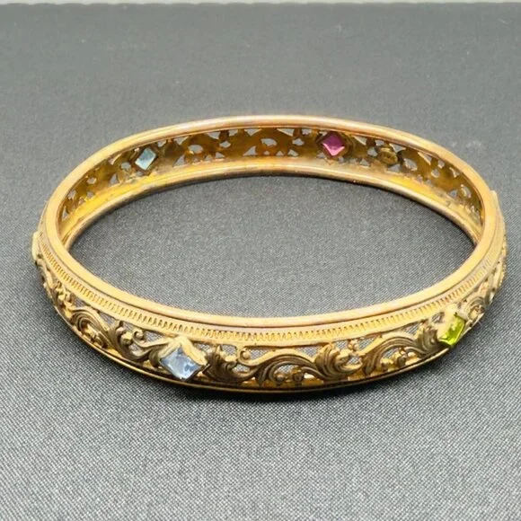Vintage Filigree Gold and Glass Gem Bangle Bracelet Signed PB&R - Picture 2 of 9